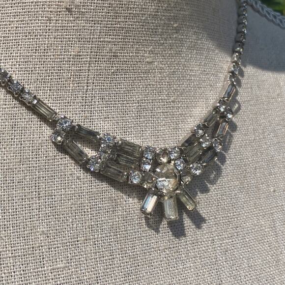 VTG Mid Century Rhinestone Necklace Baguette Crystal Silver Tone 1950s Jewelry - Picture 6 of 12